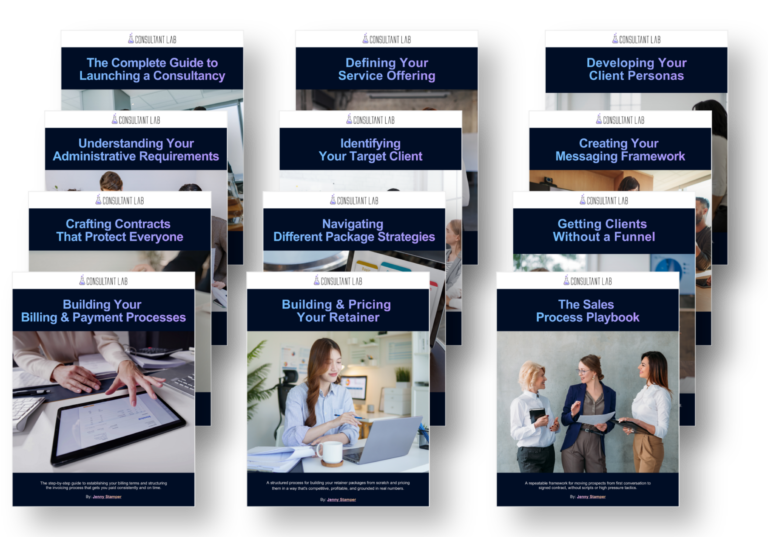 Collection of Consultant Lab guides covering pricing, contracts, client targeting, messaging, sales, and operations.