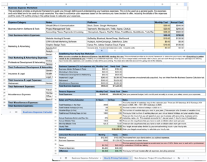 Consulting pricing worksheet for calculating a sustainable rate based on expenses, bandwidth, and income goals.
